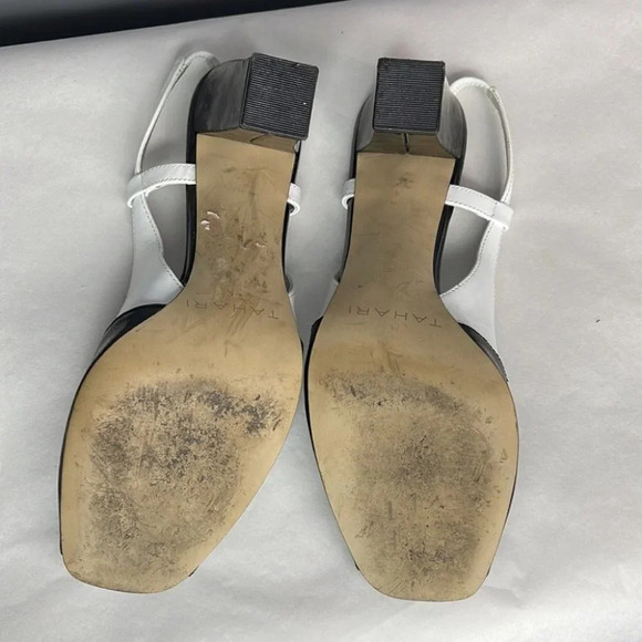 TAHARI Bevan Slingbacks Black White Block Heel Shoes Peep Toe Shiny Size 7.5 - Picture 6 of 8